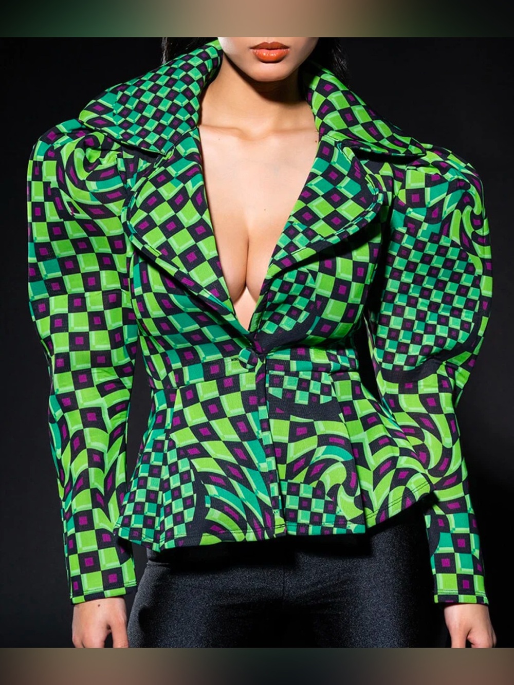 CQ by CQ Optical Checkered Green Puff-Sleeve Peplum Blazer size L Bold Artsy - Picture 13 of 13